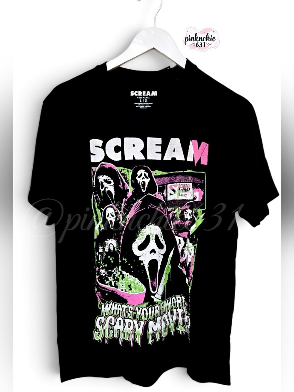 SCREAM Ghostface Graphic Halloween T-Shirt  Women’s Large Black Neon Pink Green